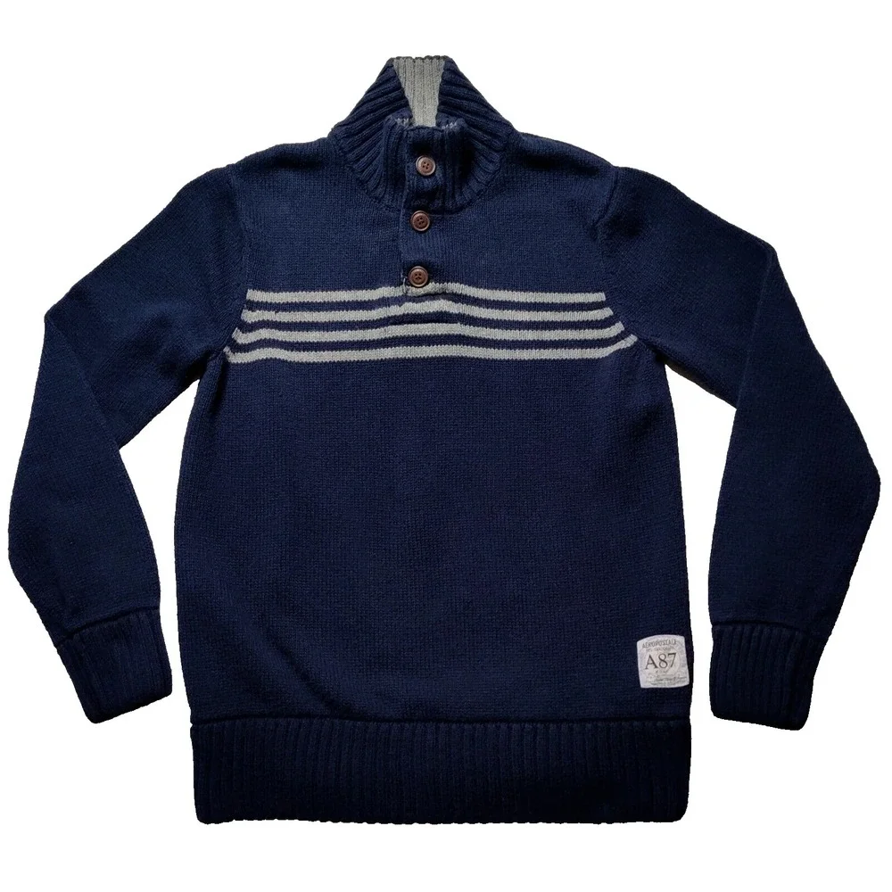AEROPOSTALE Men Medium Blue Henley Mock Neck Cotton Acrylic Blend Sweater